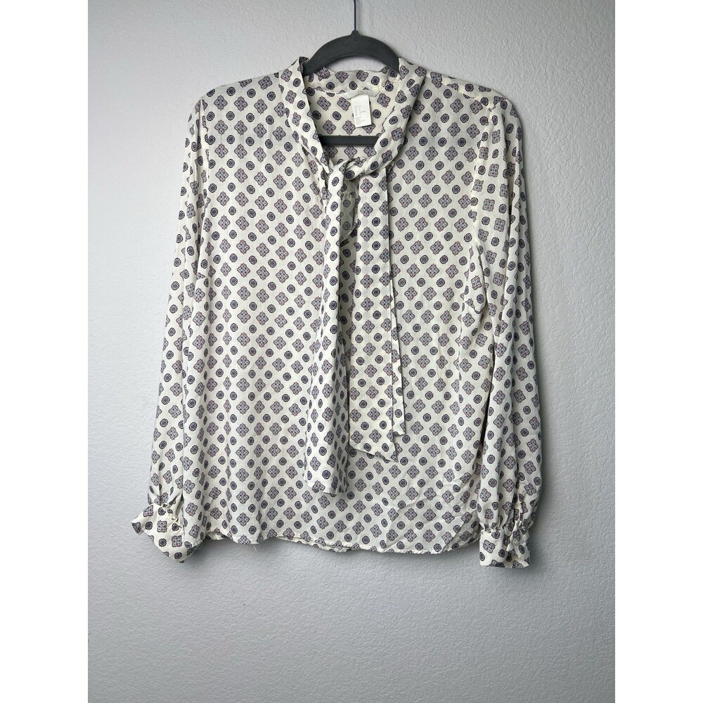 H&M Bow Blouse Womens Sz 6 Ivory Red Blue Geo Print Tie Neck Long Sleeve